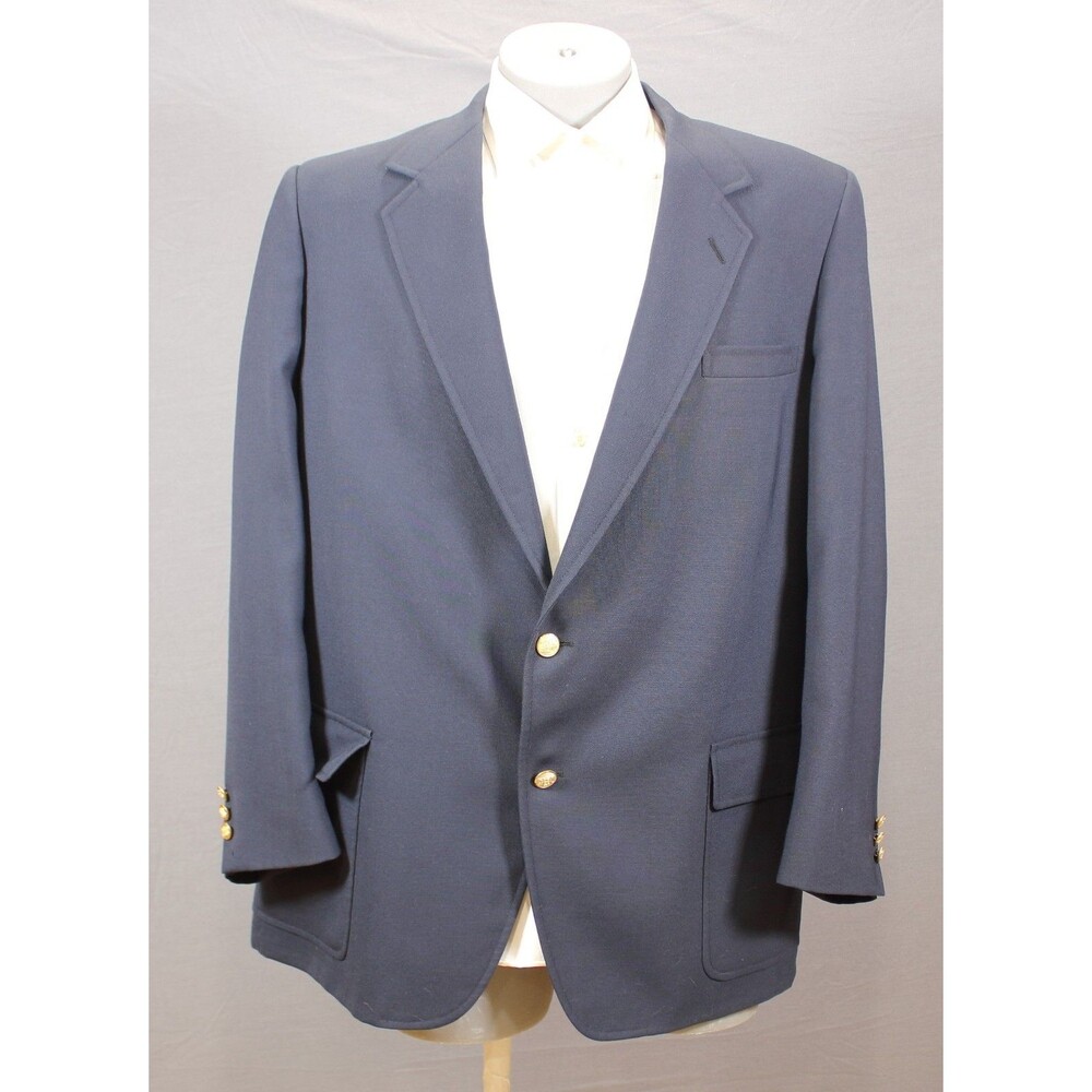 Vtg Palm Beach Navy Blue Gold Button 2 Btn Wool Blazer Jacket Sport Coat 44L
